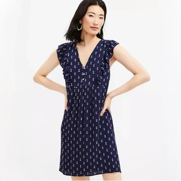 LOFT Navy Blue Ruffle Sleeve Dress - Picture 1 of 7